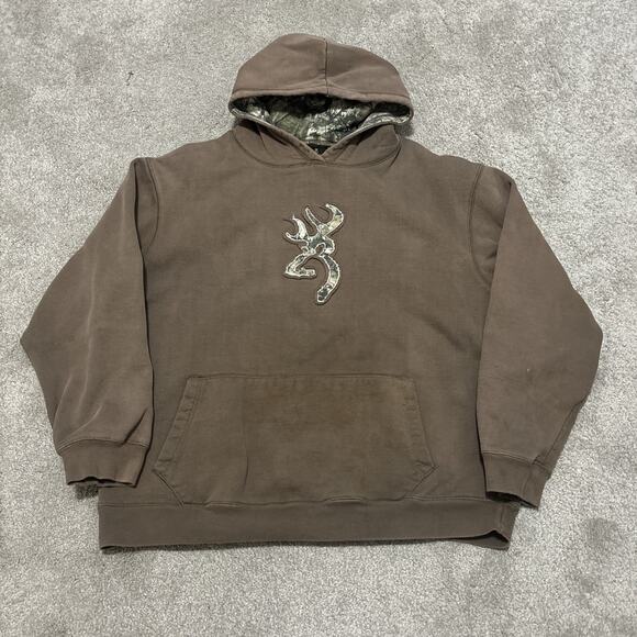 Browning Hoodie Mens XL Brown Camo Buckmark Logo Pullover Sweatshirt Hunting - Picture 1 of 6